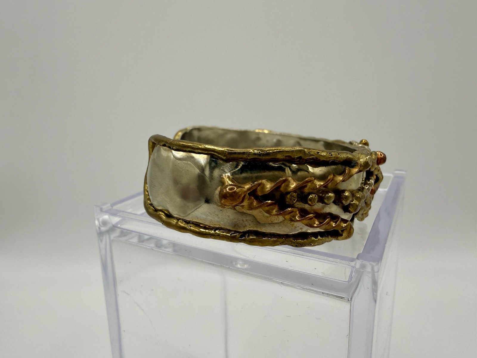 Vtg Mexican Brutalist Mixed Metal Cuff Bracelet Sterling Base Eagle Stamp 25.6g