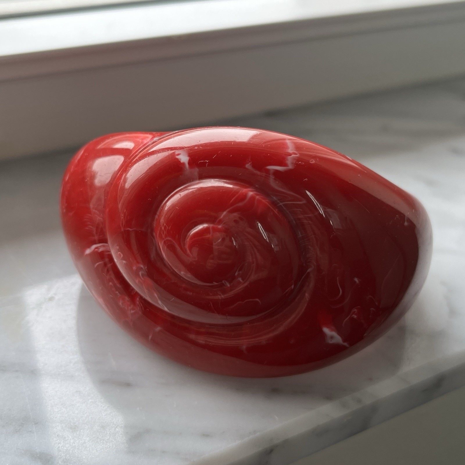 Red Lucite Cuff Bracelet Wide Chunky Statement Spiral Nautilus Shell Modernist