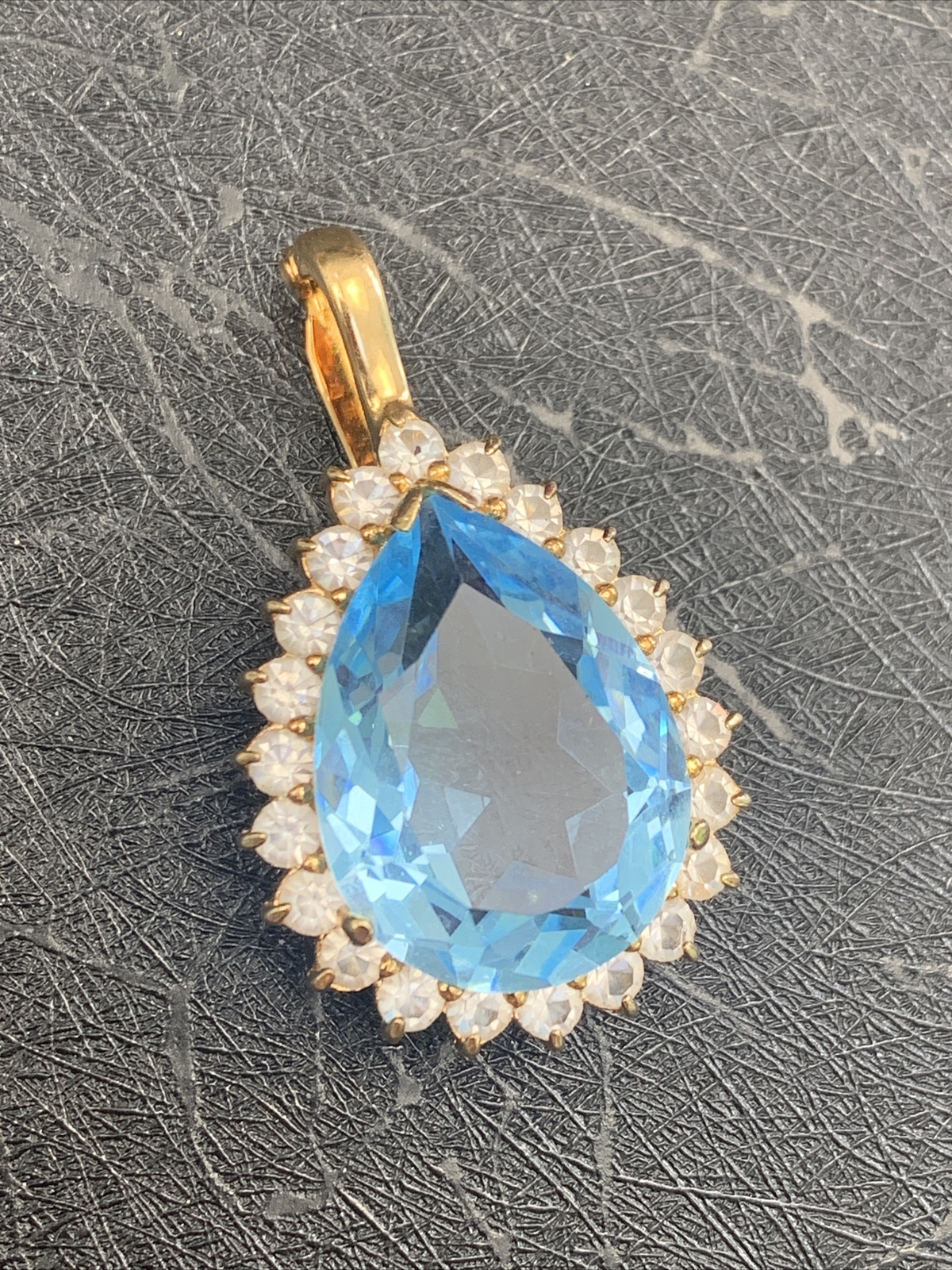 Vintage Quality large Faux blue topaz Clear stone Necklace Enhancer 1”