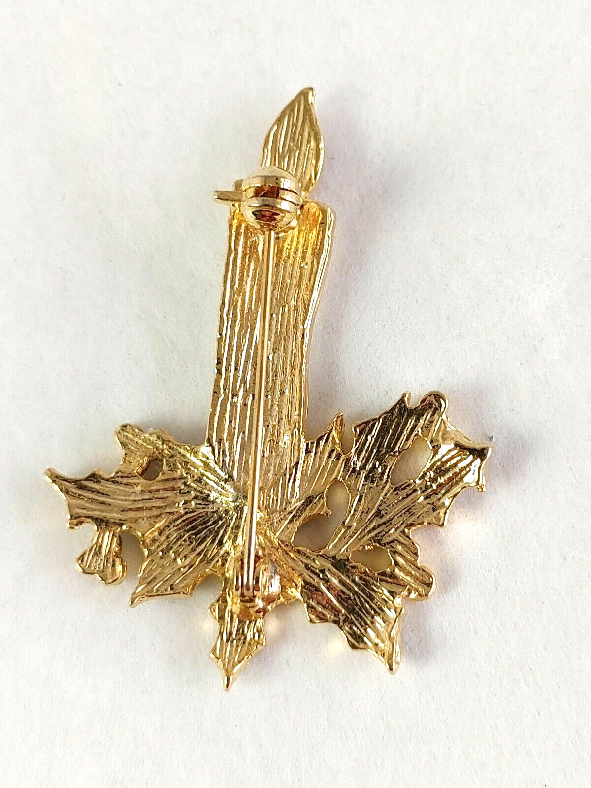 Vintage Painted Enamel Pin Brooch Candle Holly Faux Gems Approximately 2″ #17373