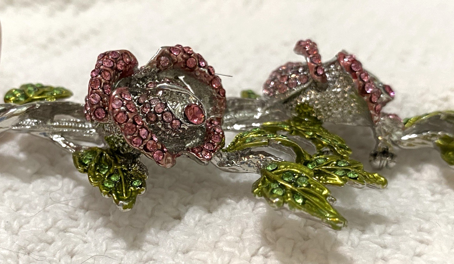 Stunning Large Vintage Pink And Green Sparkling Stones Flower Brooch