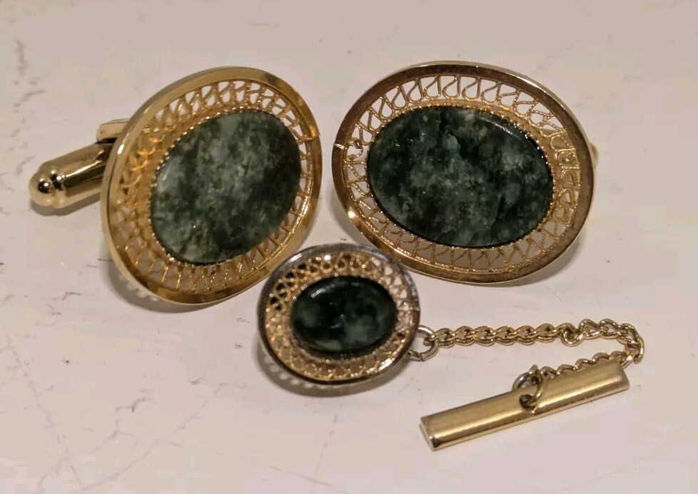 Mid-Century Hadley Cufflinks And Tie Tack Pin Green Glass Rhinestone Gold-tone