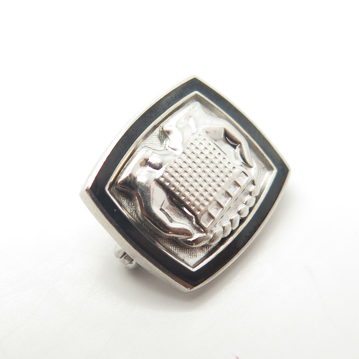 925 Sterling Silver Vintage cTo Black Enamel Protect Buildings Pin Brooch