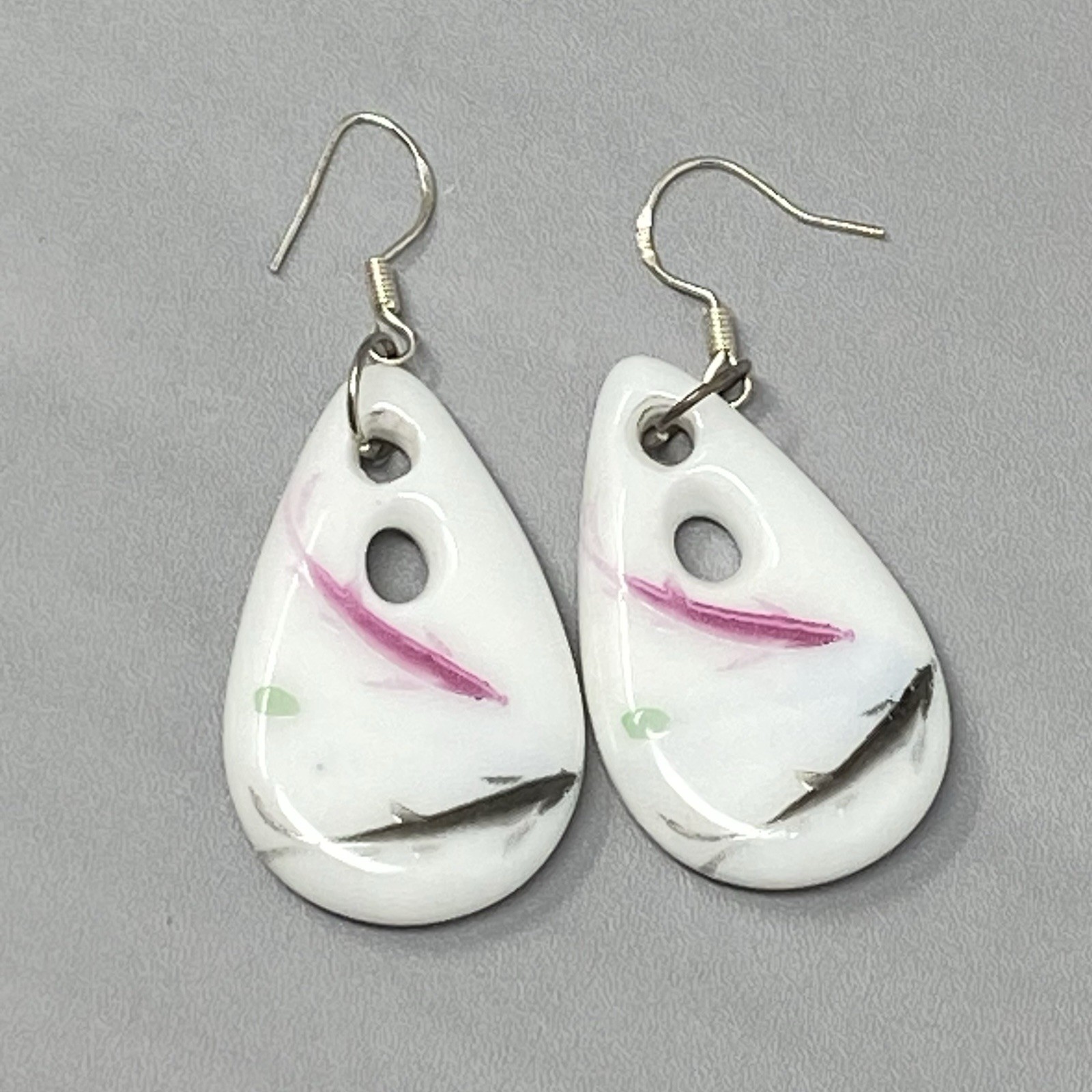 White Glass Bead Earrings Pink Black Splatter Teardrop Pierced Dangle Drop Hook