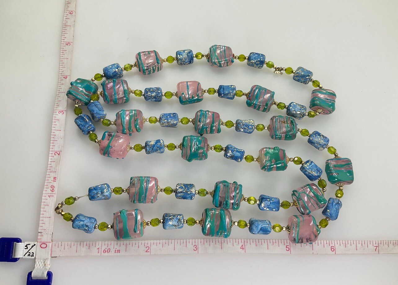 Vintage Pastel Colorful Lucite Beads in Various Shapes Strand Necklace 40”