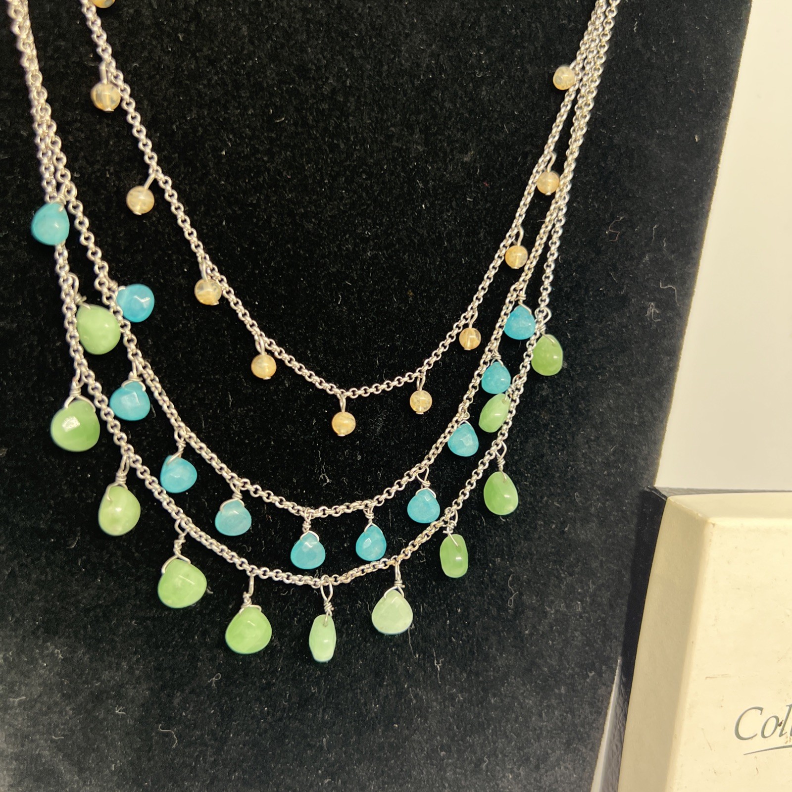 Coldwater Creek Vintage Multi Strand Silver Tone Blue Green Bead Necklace W/ Box