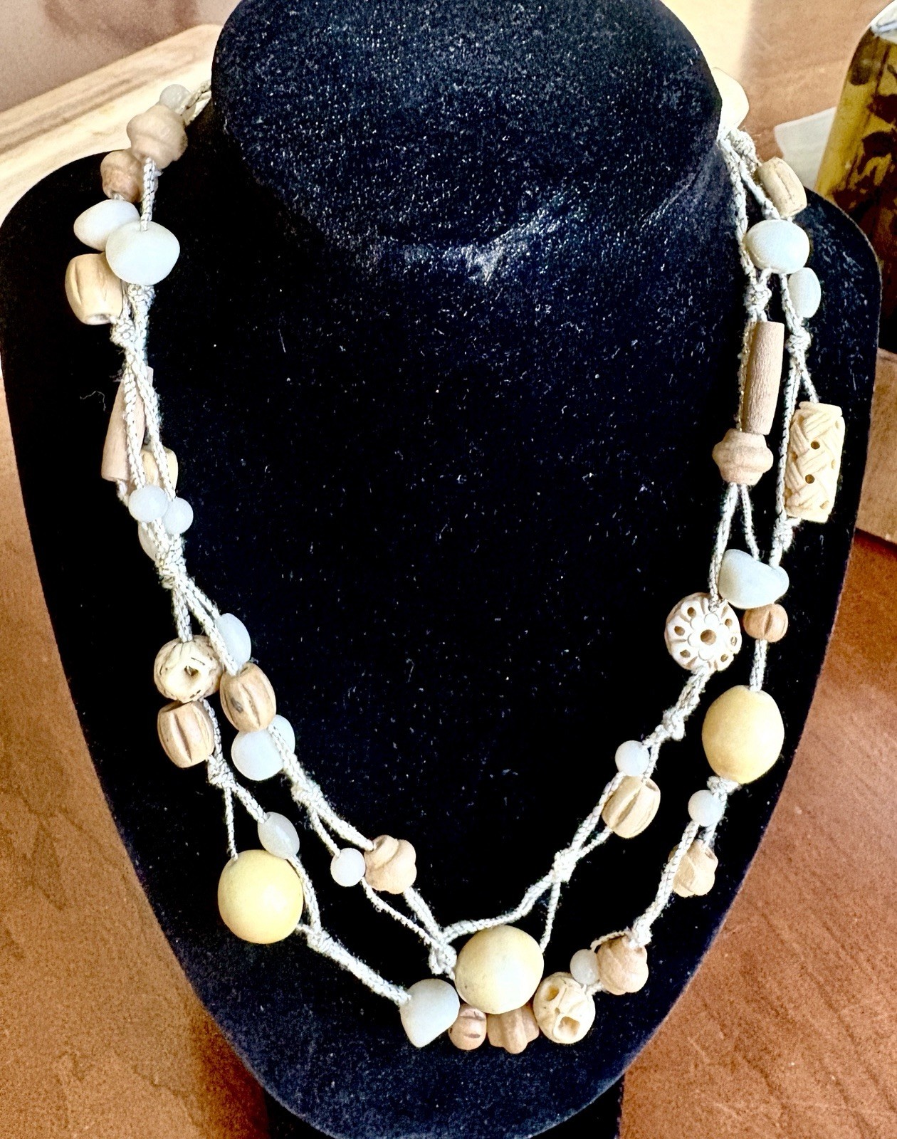 Vintage 90s Multi Strand Wood Bead Necklace Woven Cord Boho Bone Layered Choker