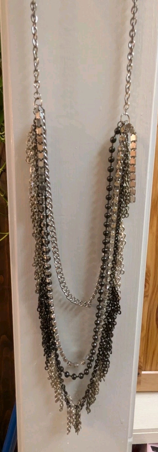 VTG Rock Punk Gothic 4 Layers Blk, Silver, Rhinestone, Fringe, Chain necklace