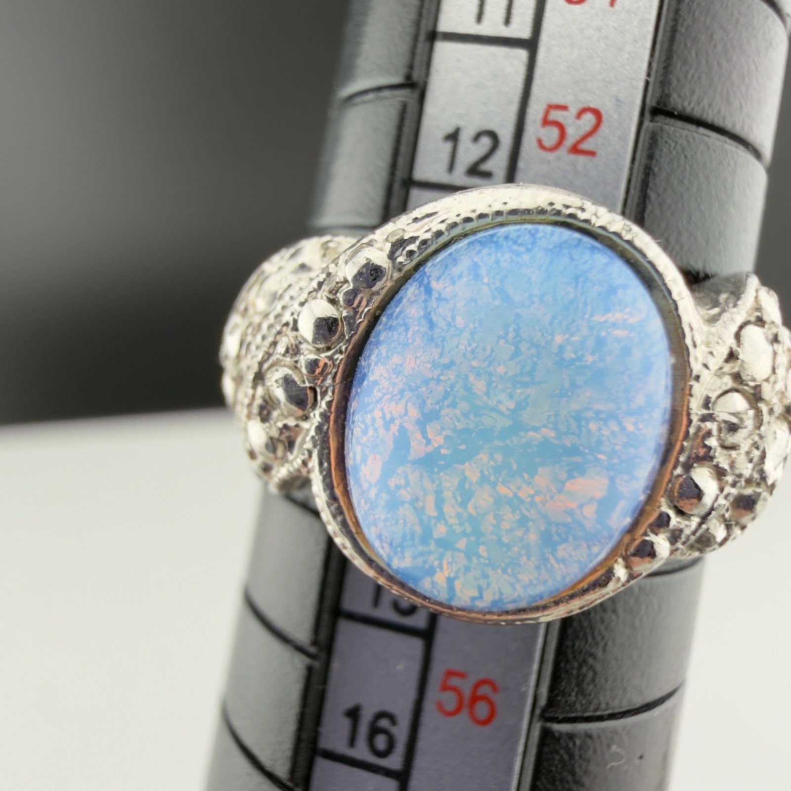 Vintage Silver Tone Faux Marcasite Blue Lab Opal Ring Size 7