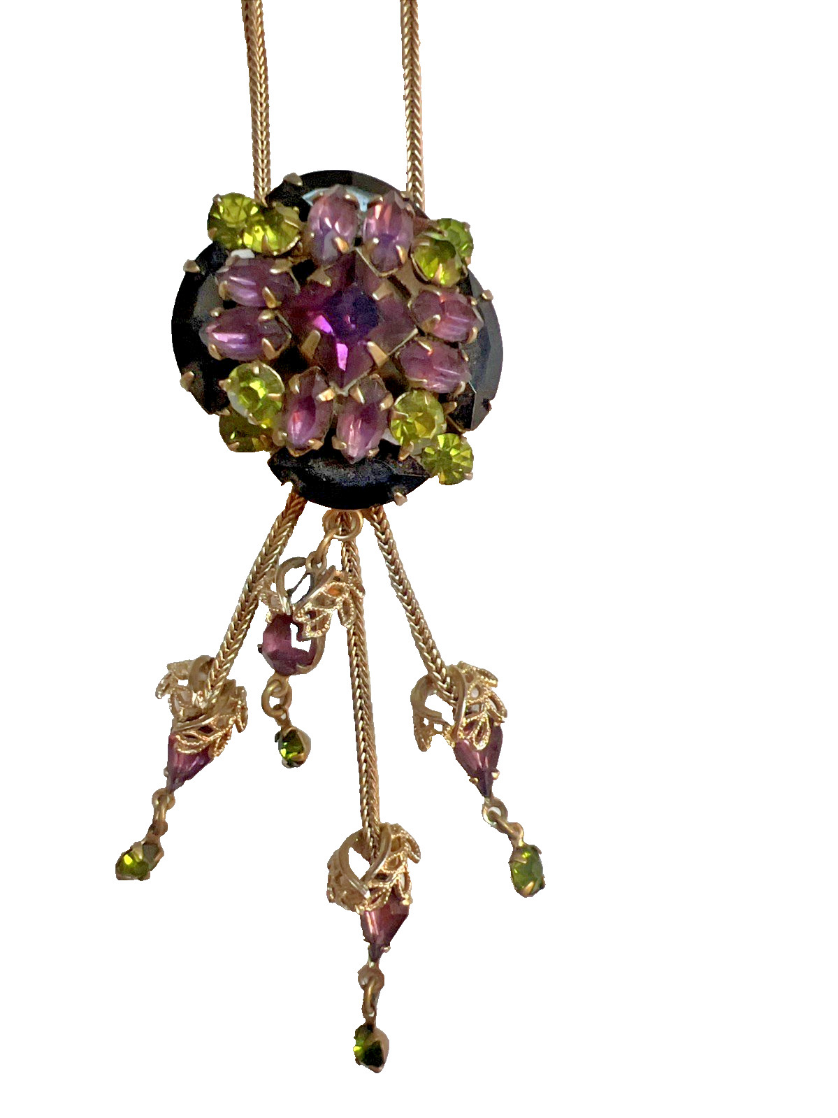 Vintage Shades of Purple & Olive Green Rhinestone waterfall Pendant Necklace 16″