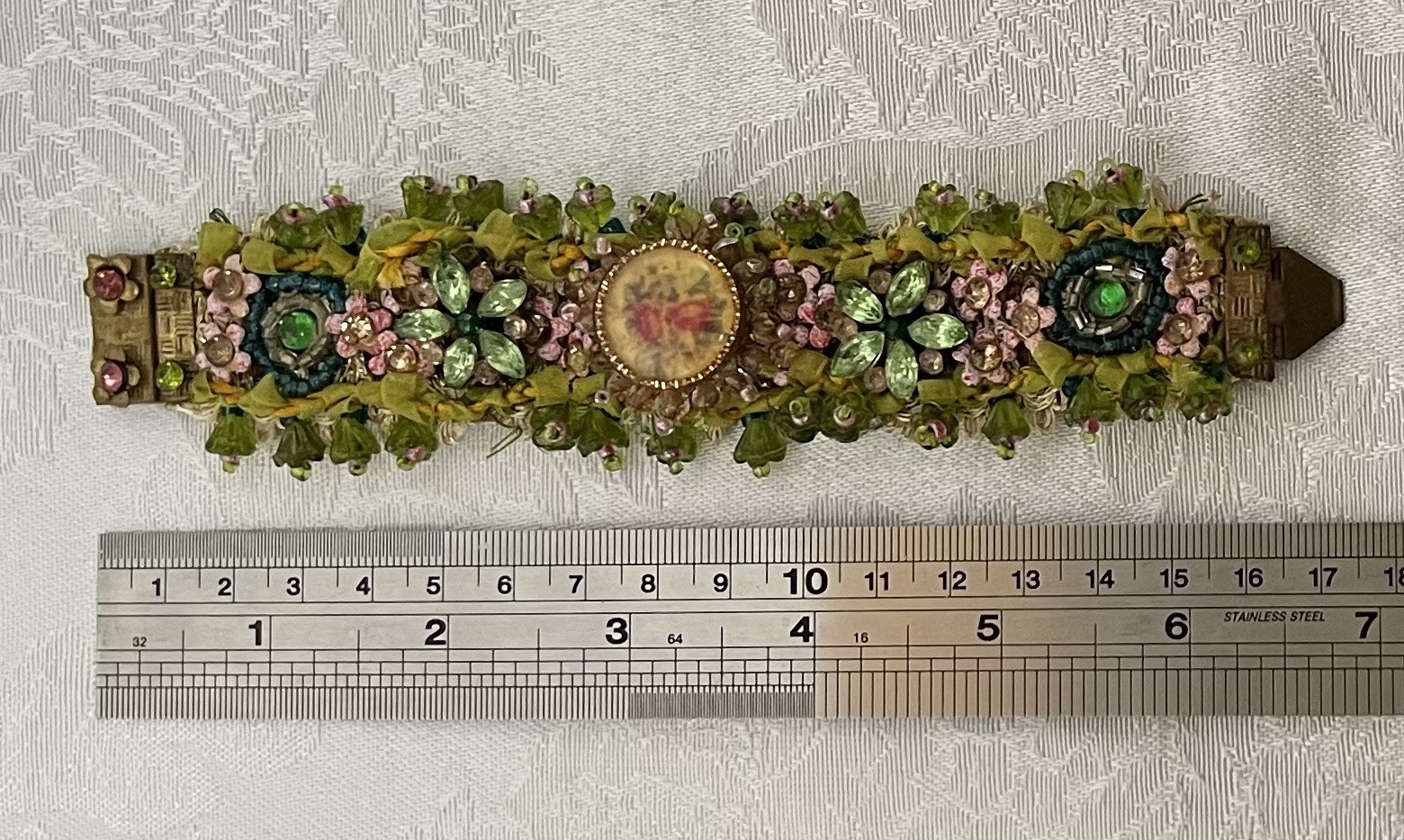 Vintage 1990s Victorian-style Beaded Ribbon Bracelet • Green & Pink Floral Motif