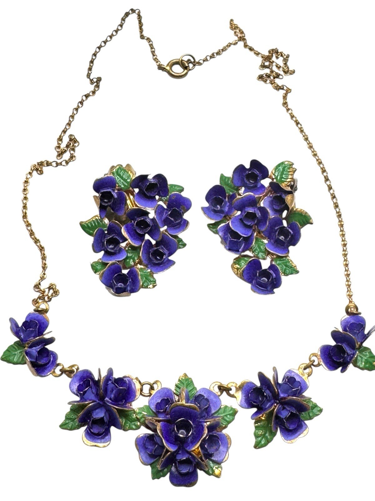 Vintage Enamel Pansy Violet Flower Necklace Earrings Set Suffragate Era