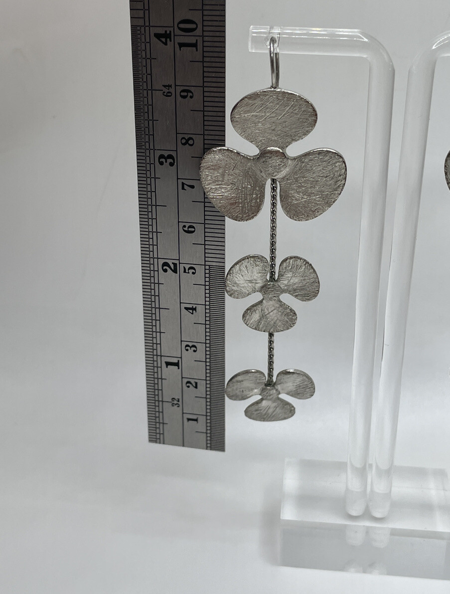 Modernist Brushed Silver Poppy Flower Illusion Dangle Earrings Statement