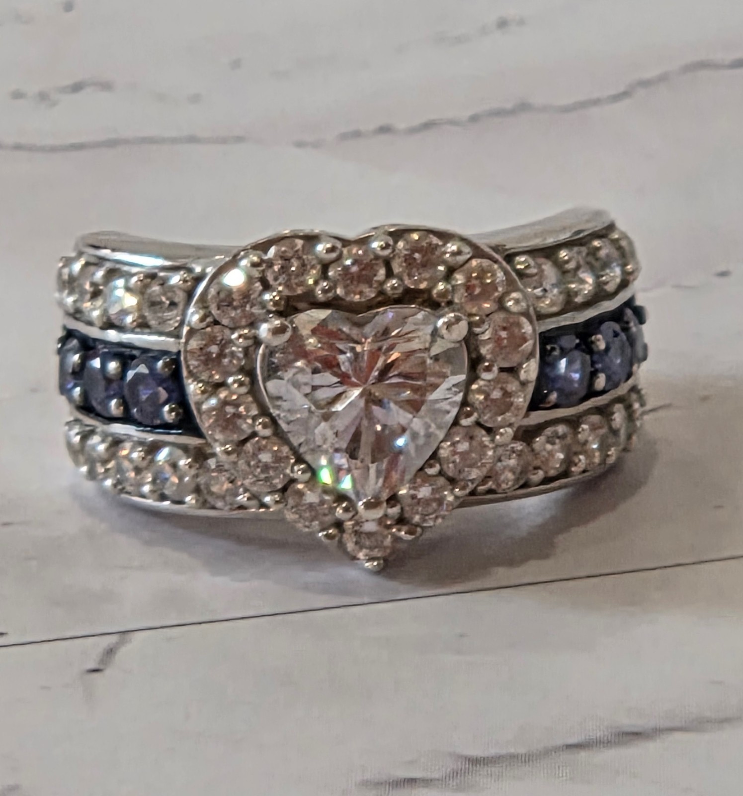 VINTAGE Blue & White CZ 925 Silver Always & Forever Bridal Wedding Ring sz 5
