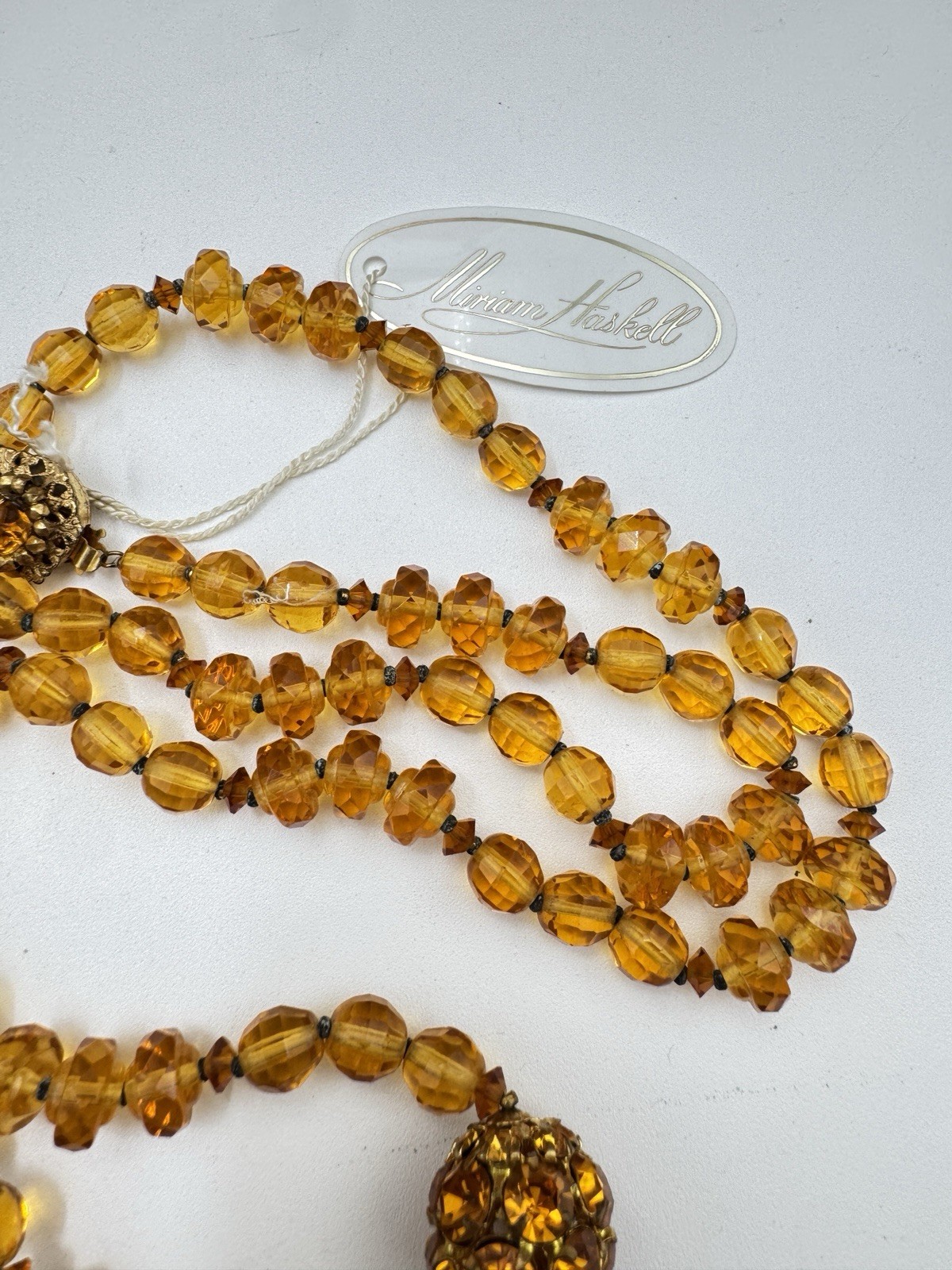 Vintage Miriam Haskell Amber Glass Bead Necklace with Rhinestone Ball Accent