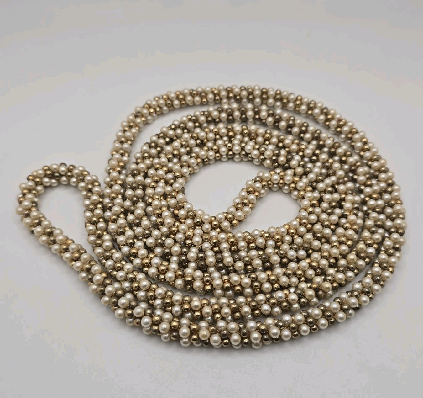 Vintage White Champagne Gold Tone Beaded Rope Necklace Long 30″ Single Double