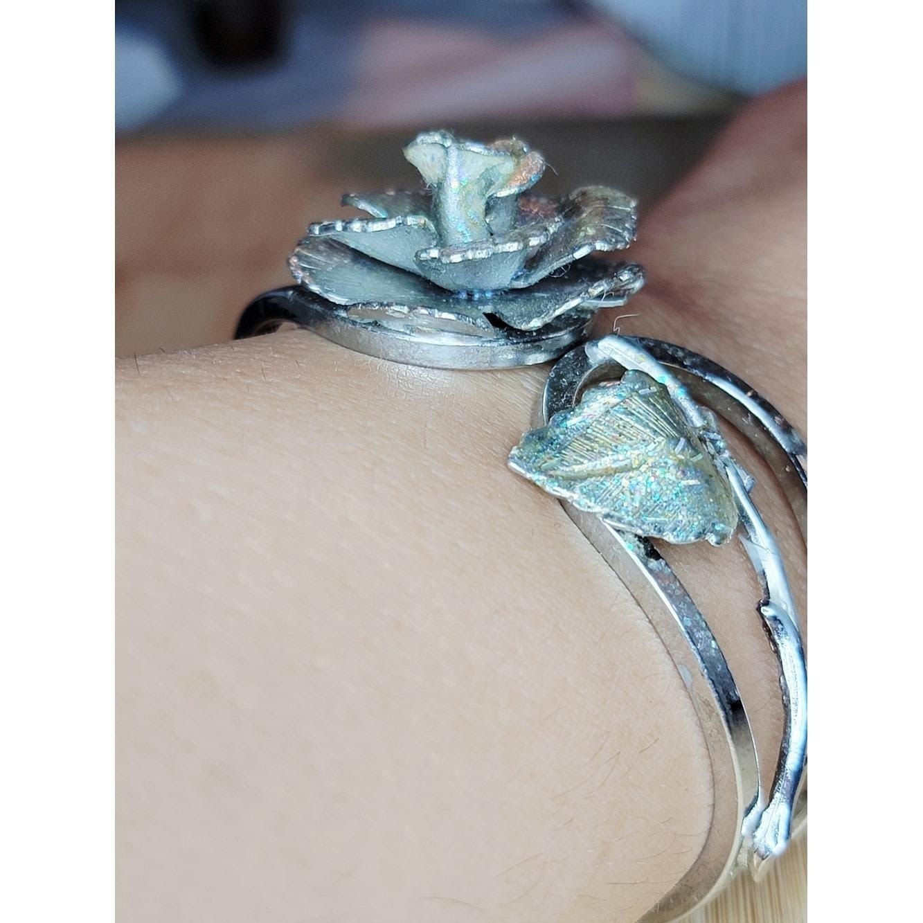 Vintage Silver Tone Rose Clamper Bracelet Hinged Flower Bangle Floral Statement