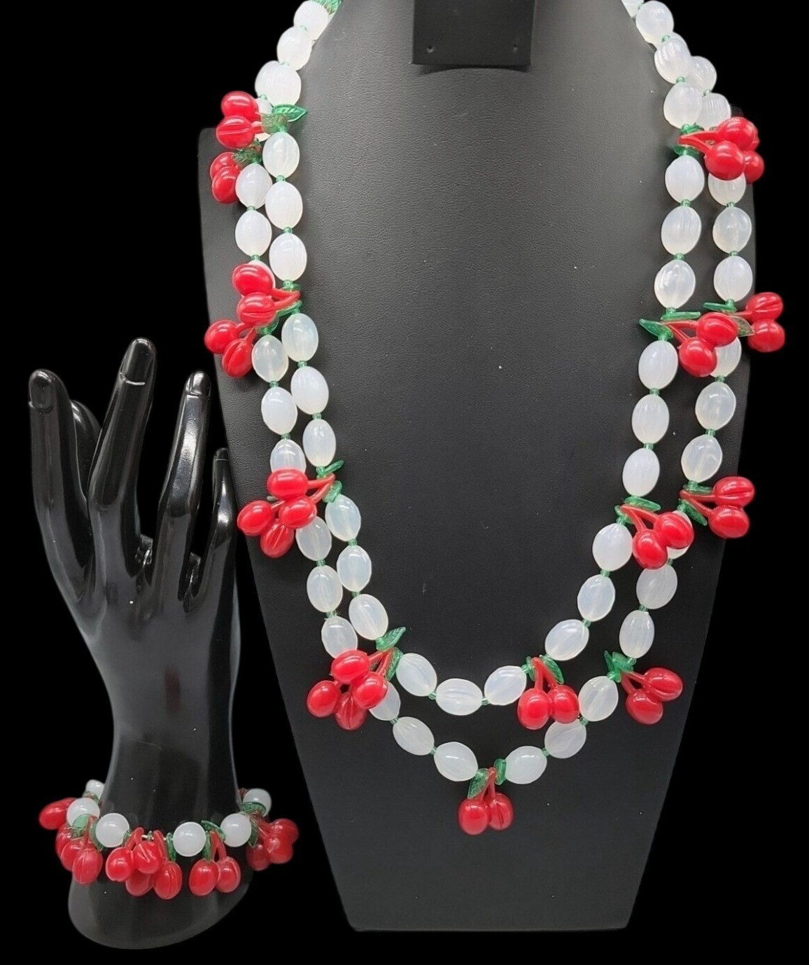 Lucite Cherry 34″ Necklace & 7″ Stretch Bracelet Red Cherries Translucent Beads