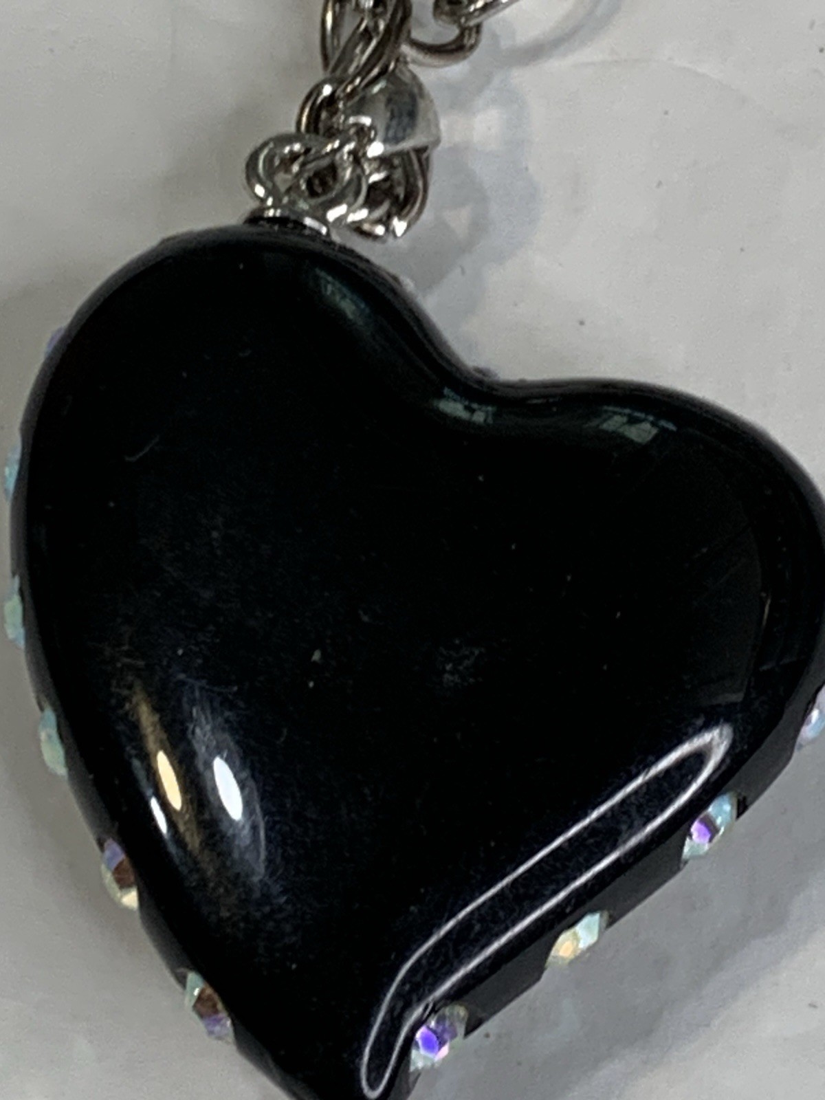 Vtg Black Lucite Pave AB Crystal 2”puff Heart Pendant Offset Hasp Valentine