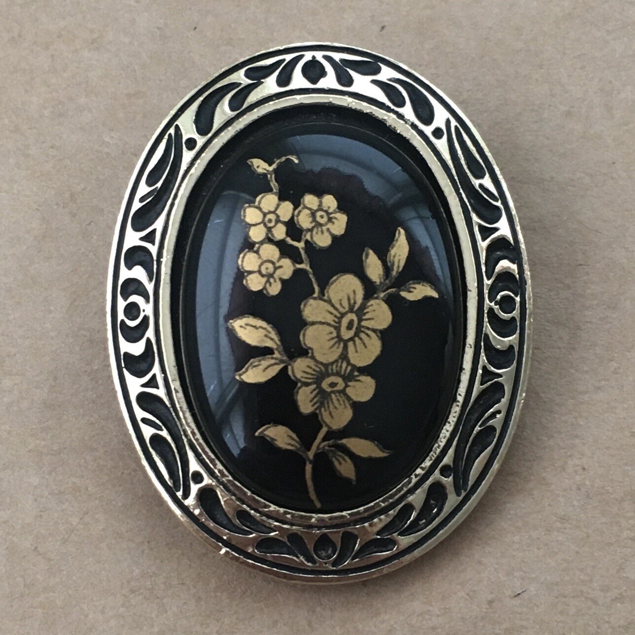 Western Germany scarf clip vintage floral gold black nature plants signed