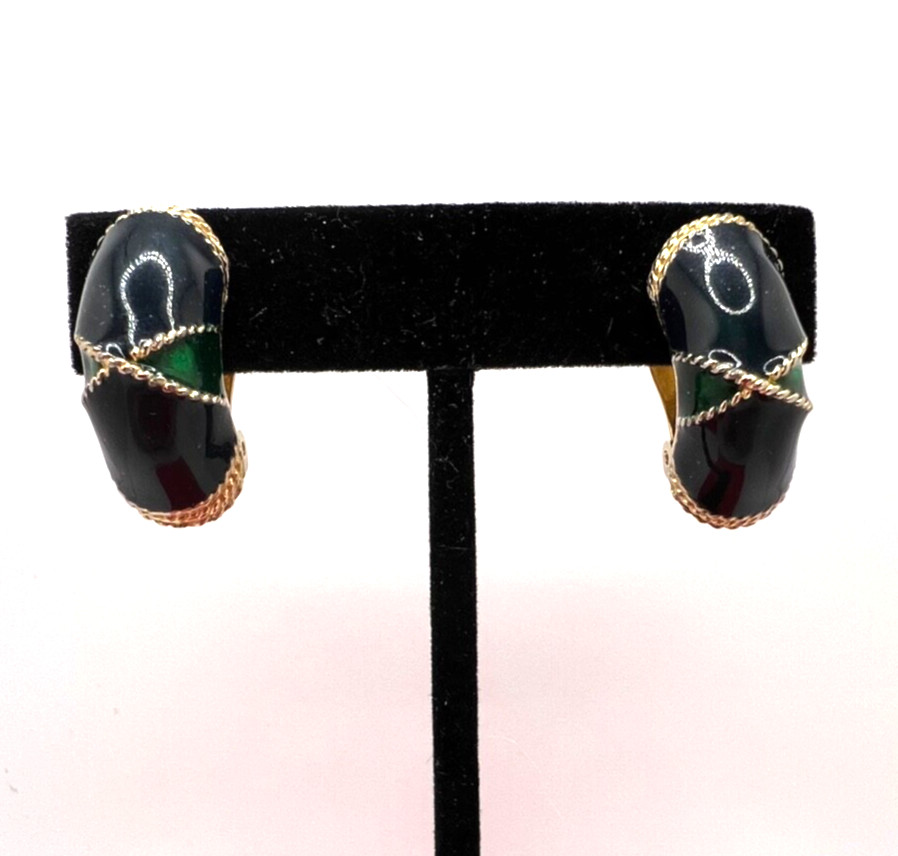 Vintage GAY BOYER Dark Green Enamel Gold Tone Clip EARRINGS Half Hoops – EUC