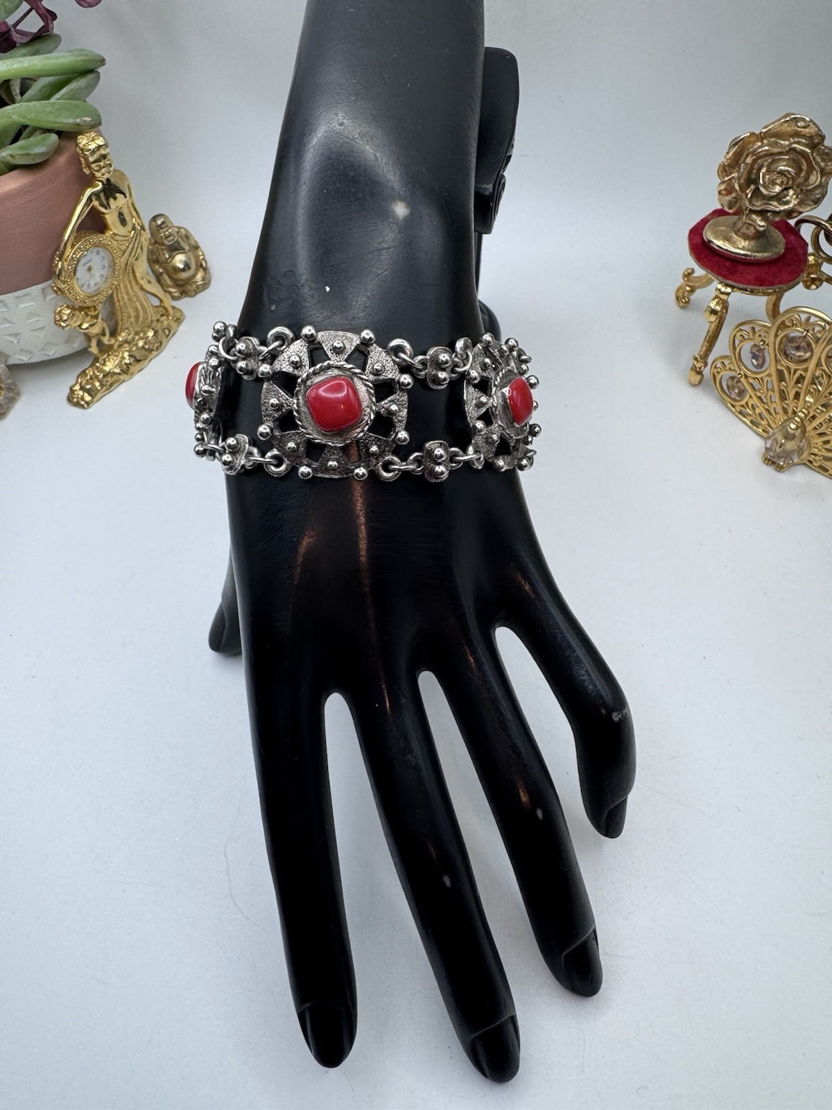 VINTAGE 60’s Silver Tone And Red Cabuchon SOUVENIR DU MAROC Moroccan Hamsa Hand