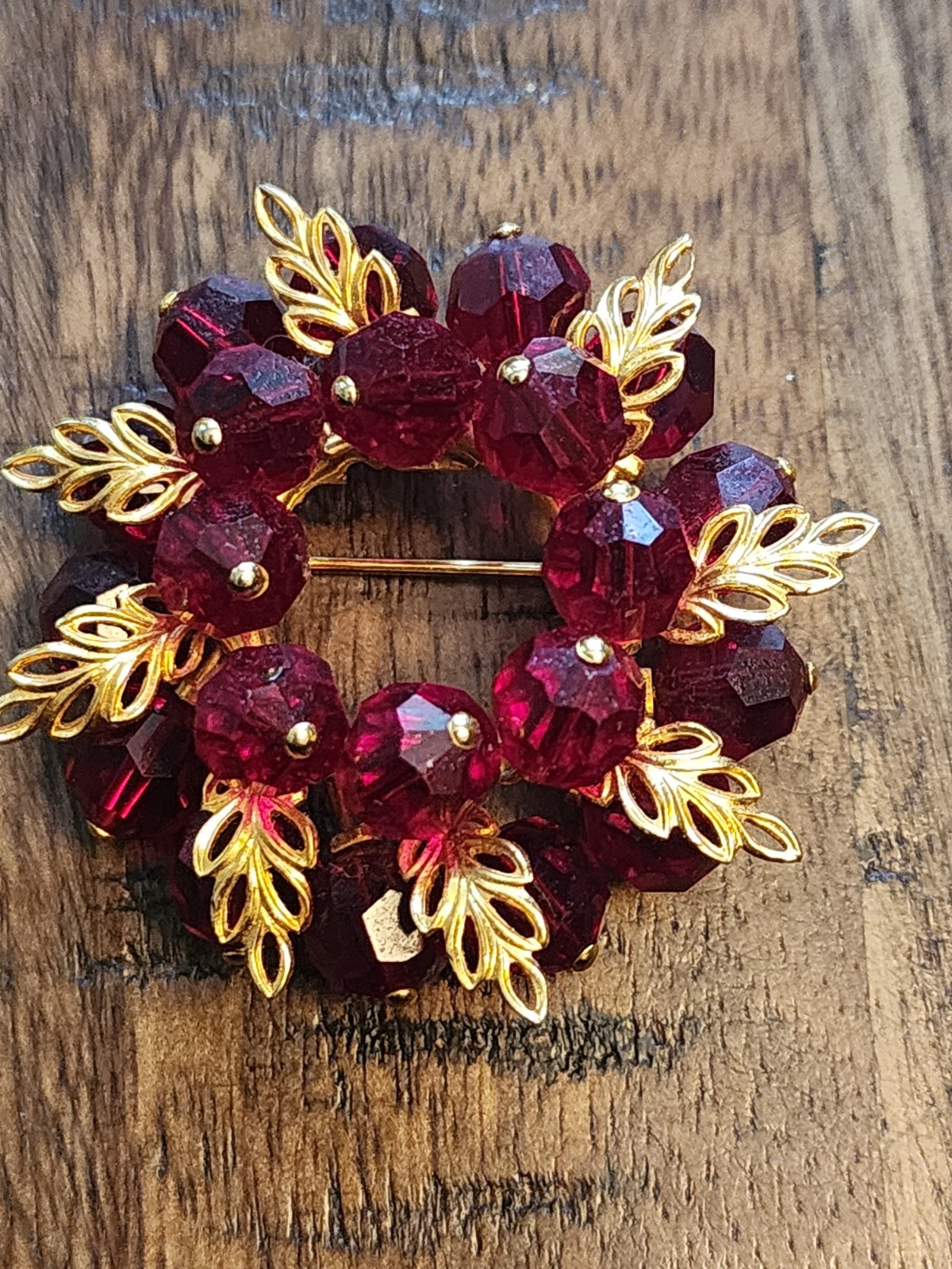 Austria Brooch w/ Red Beads and Gold Tone Filigree Leaf Accents