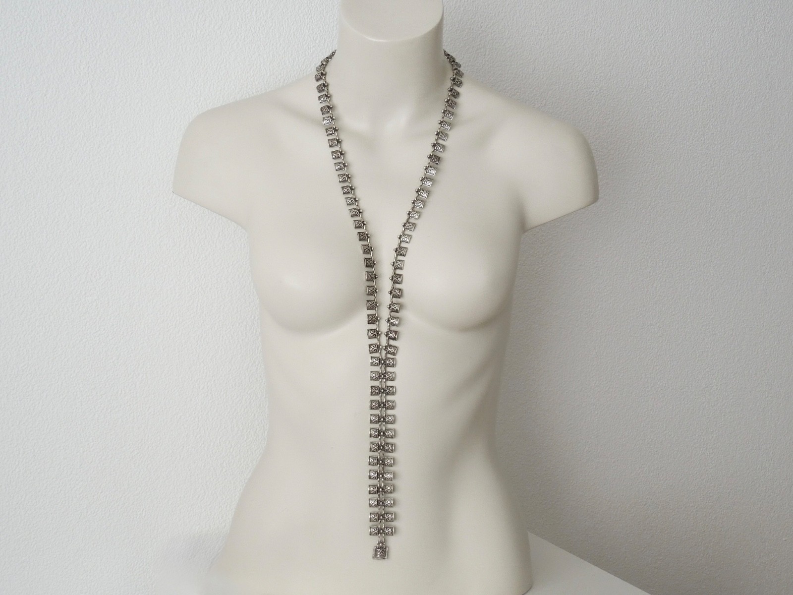 Vintage Ethno Chain Necklace Long silver-colored Boho 70er 3.3oz/ca.30 11/16in