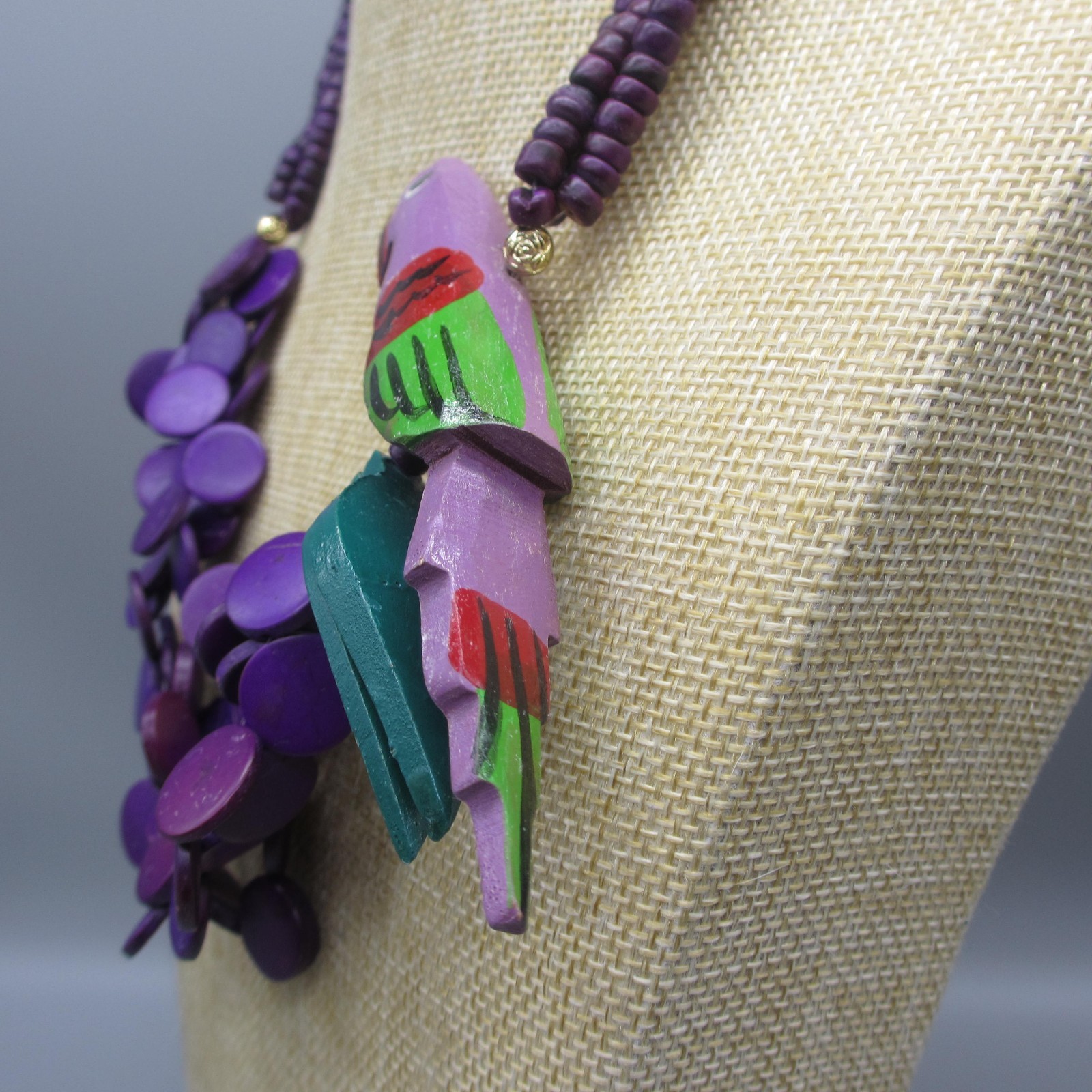 Vintage Parrot Necklace Wood Purple Discs Layered Bead Tropical Beachy 22 Inch