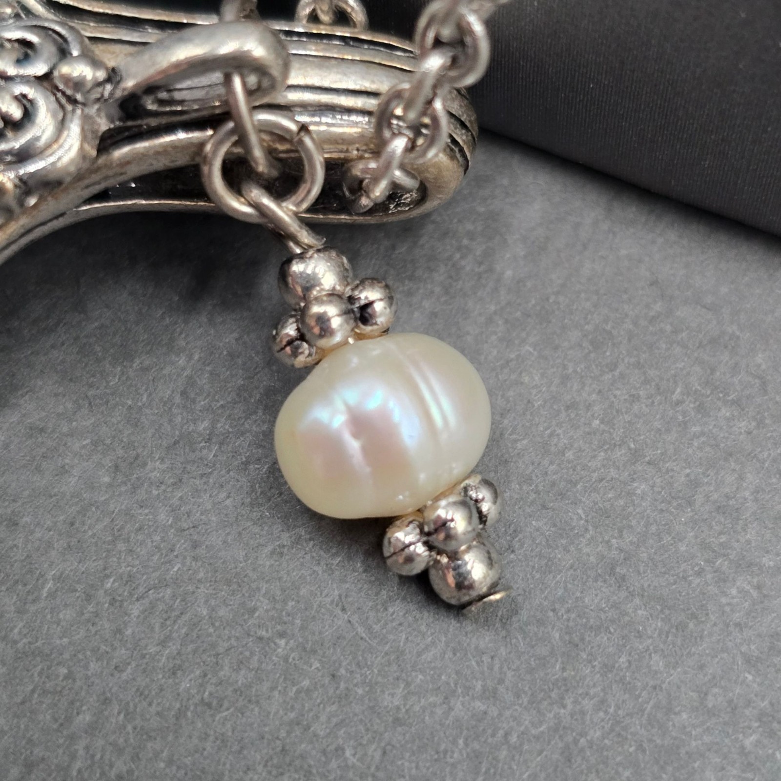 Vintage Blessed Spoon Pendant Necklace Silver Pearl Long Boho Statement Piece