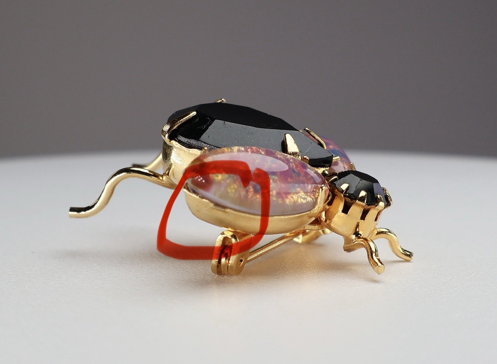 Vintage Bug Brooch Insect Glass Fire Opal Navettes Black Rhinestones Gold Tone