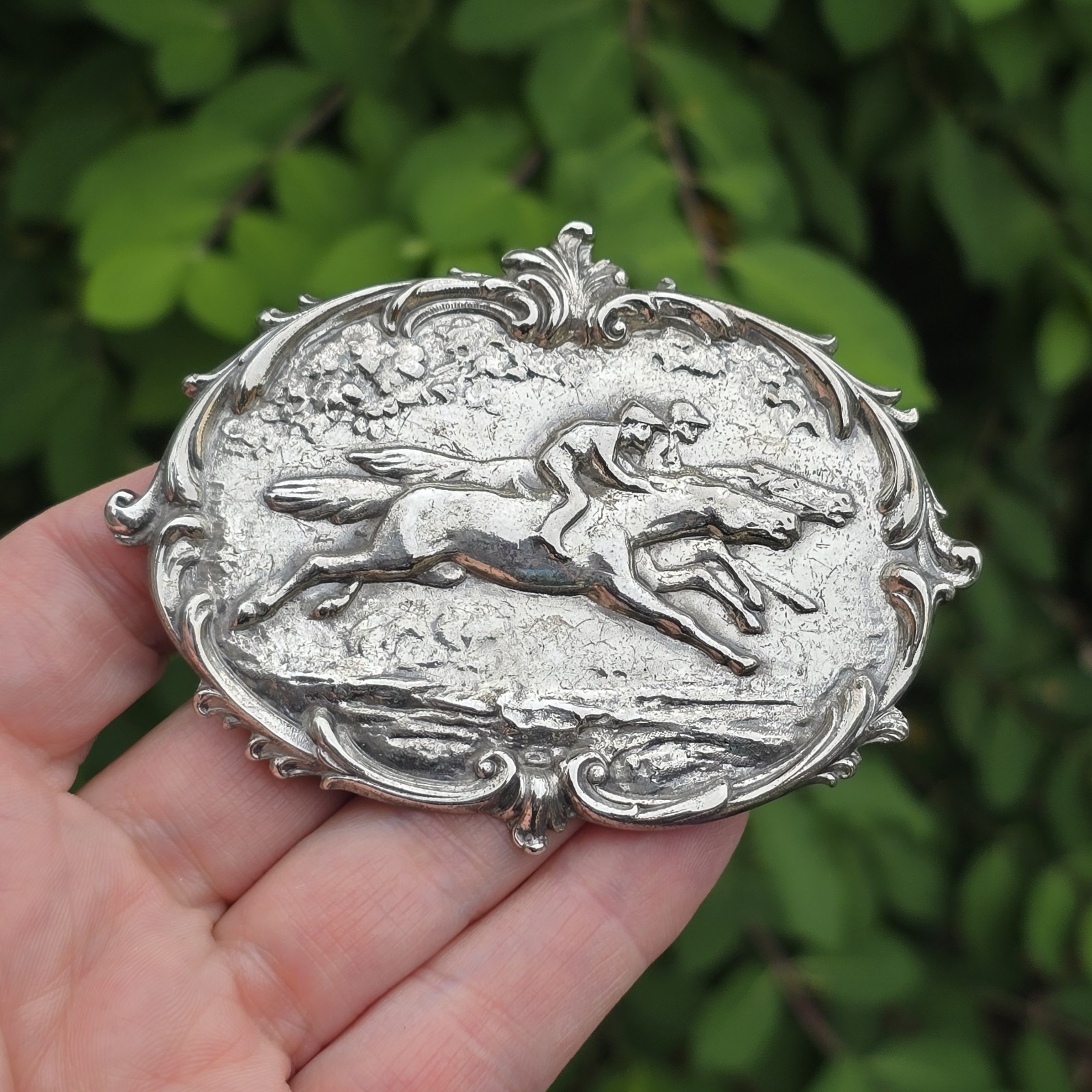 Large Statement Piece Vintage Silver Brooch Horse Derby Race Equestrian Kentucky