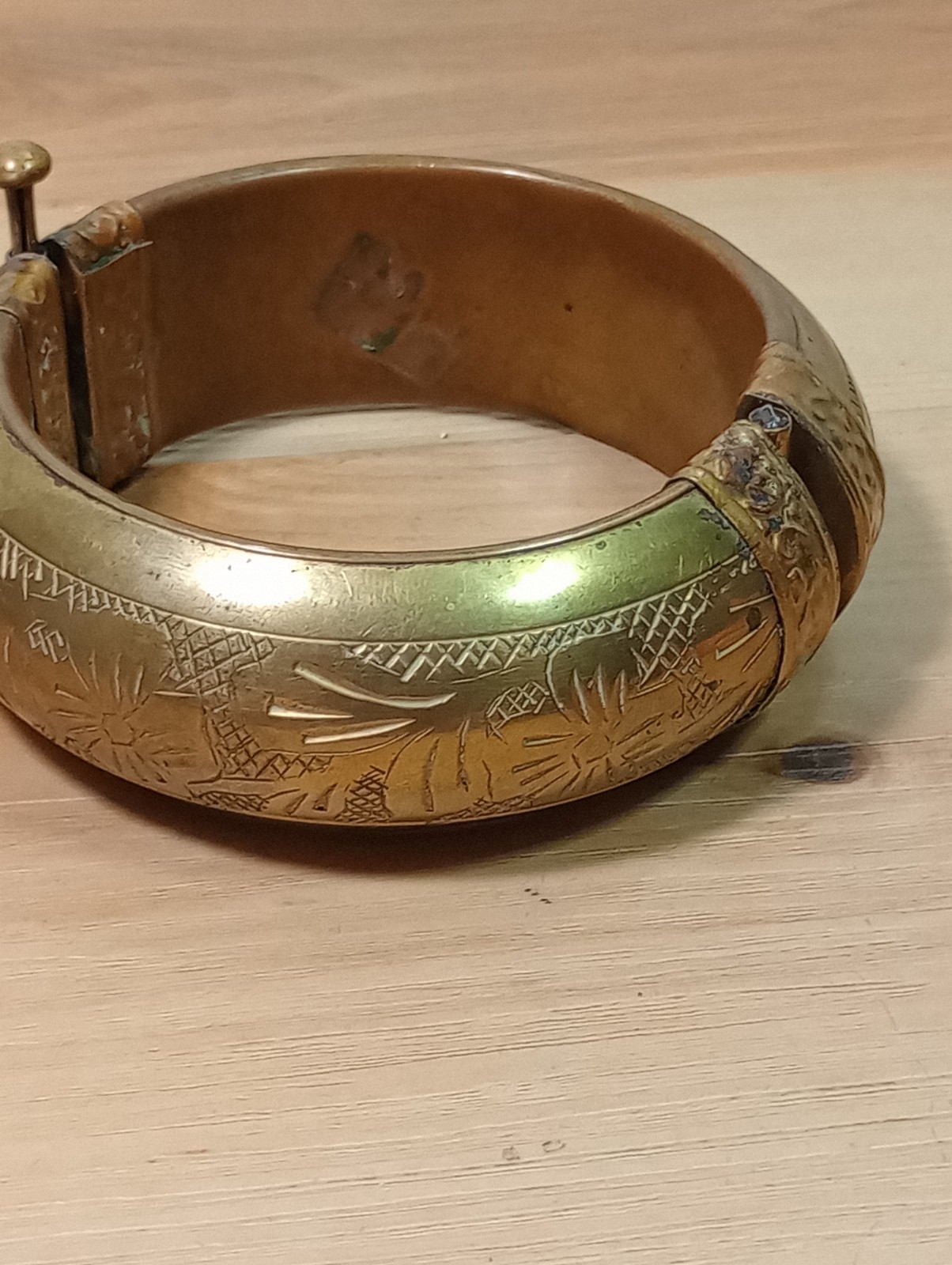 Vintage hinged brass bangle bracelet with etchings/ pin closure Morocco Or India