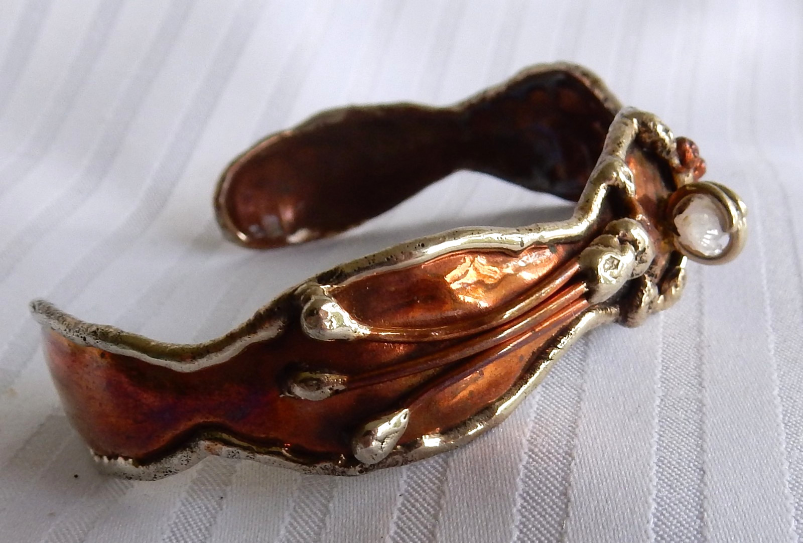 Vintage Handcrafted Copper & Silver Tone Quartz Crystal Cuff Bracelet Boho