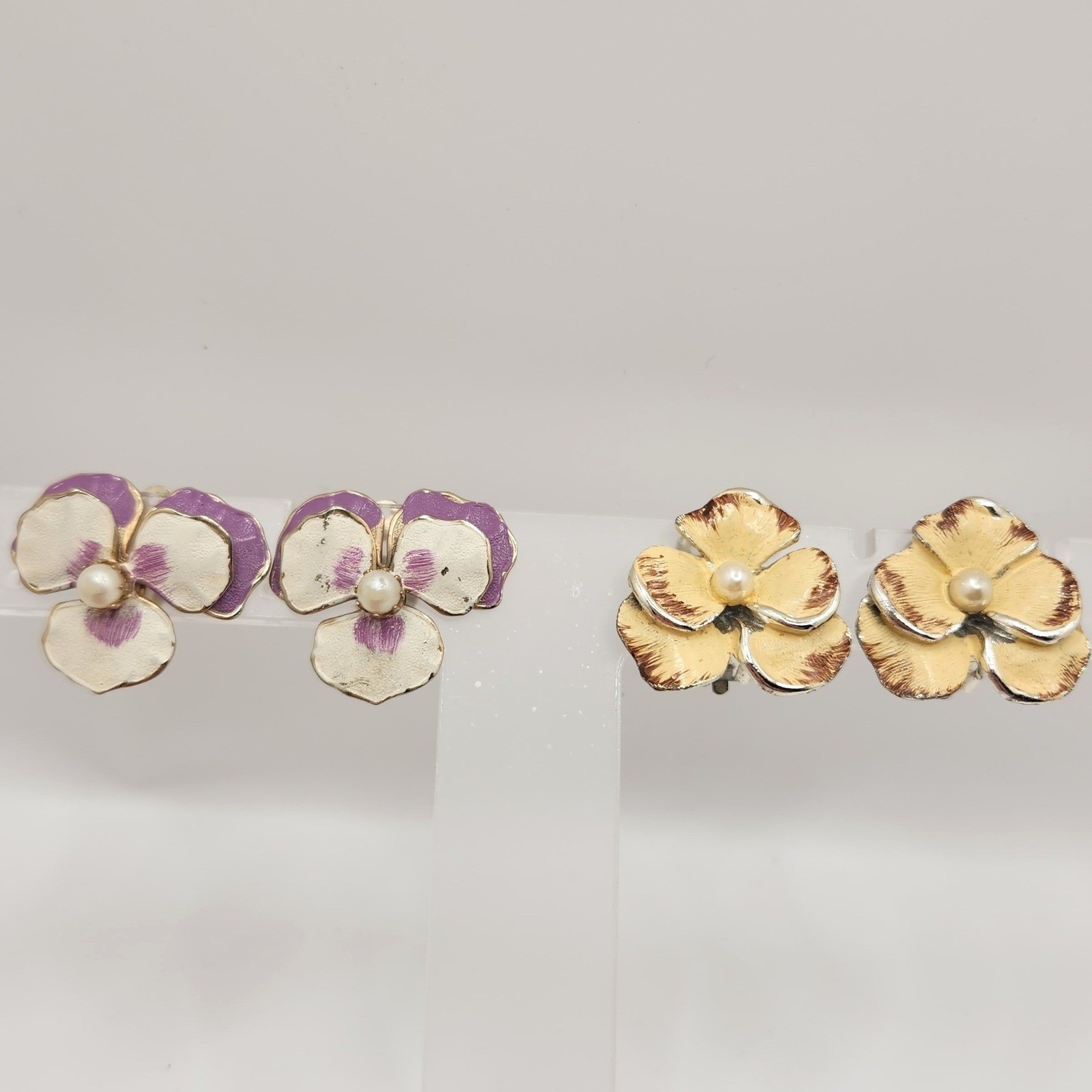Vintage Enamel Flower Clip On Earrings 2 Pairs Pansy Blossoms Edwardian Style