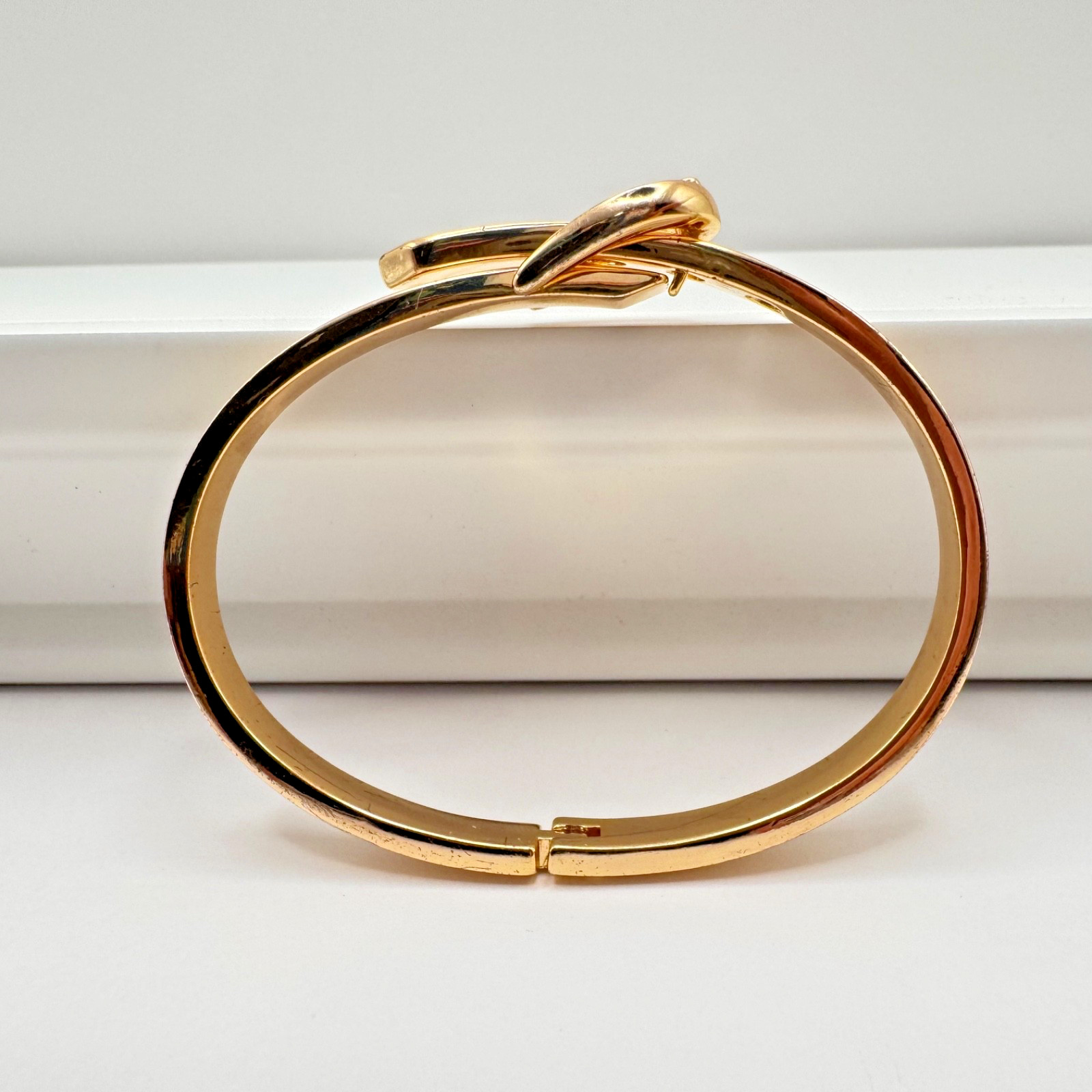 Sleek Gold Tone Belt Buckle Hinged Bracelet Adjustable Statement Bangle 6.5-7”