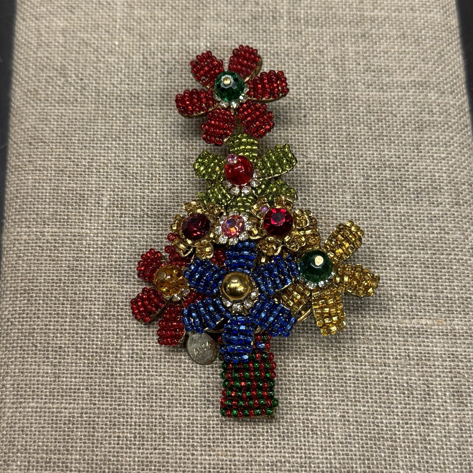 Vintage ANKA Gold Tone Beaded Christmas Tree Brooch 4”