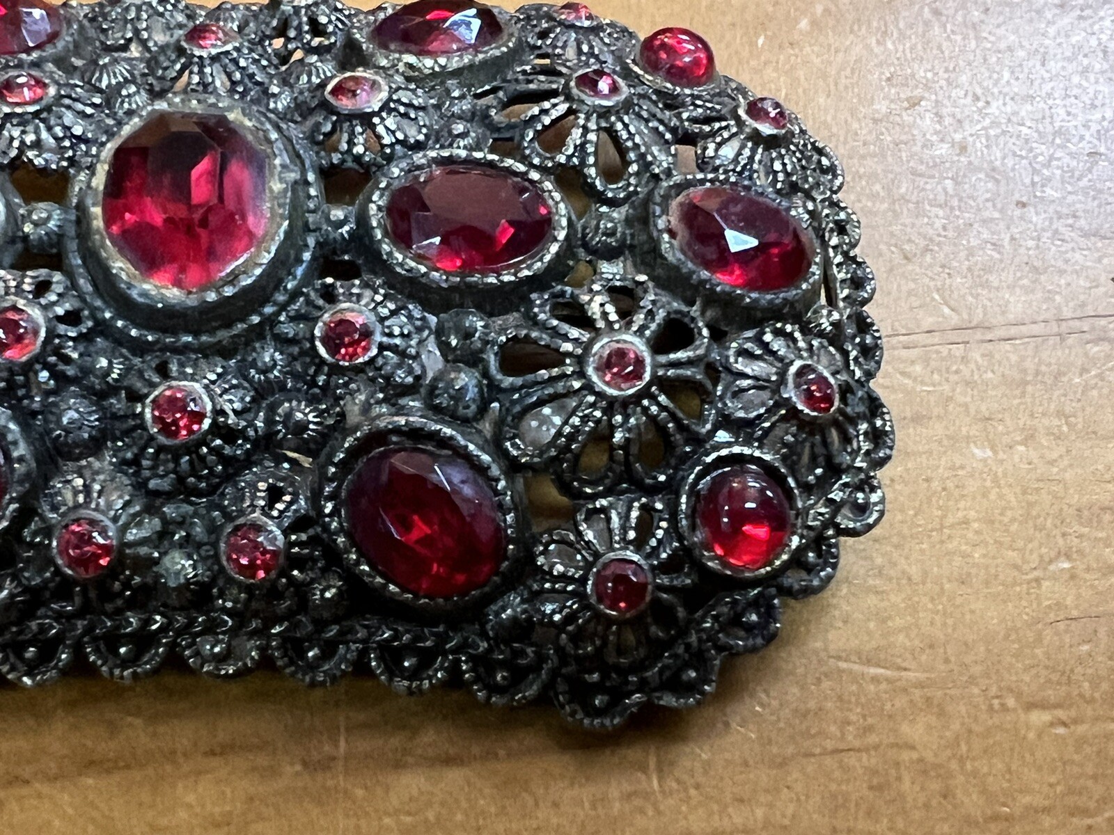 Vintage Signed NE New England Glass Works Rectangular Brooch Red Stone Floral