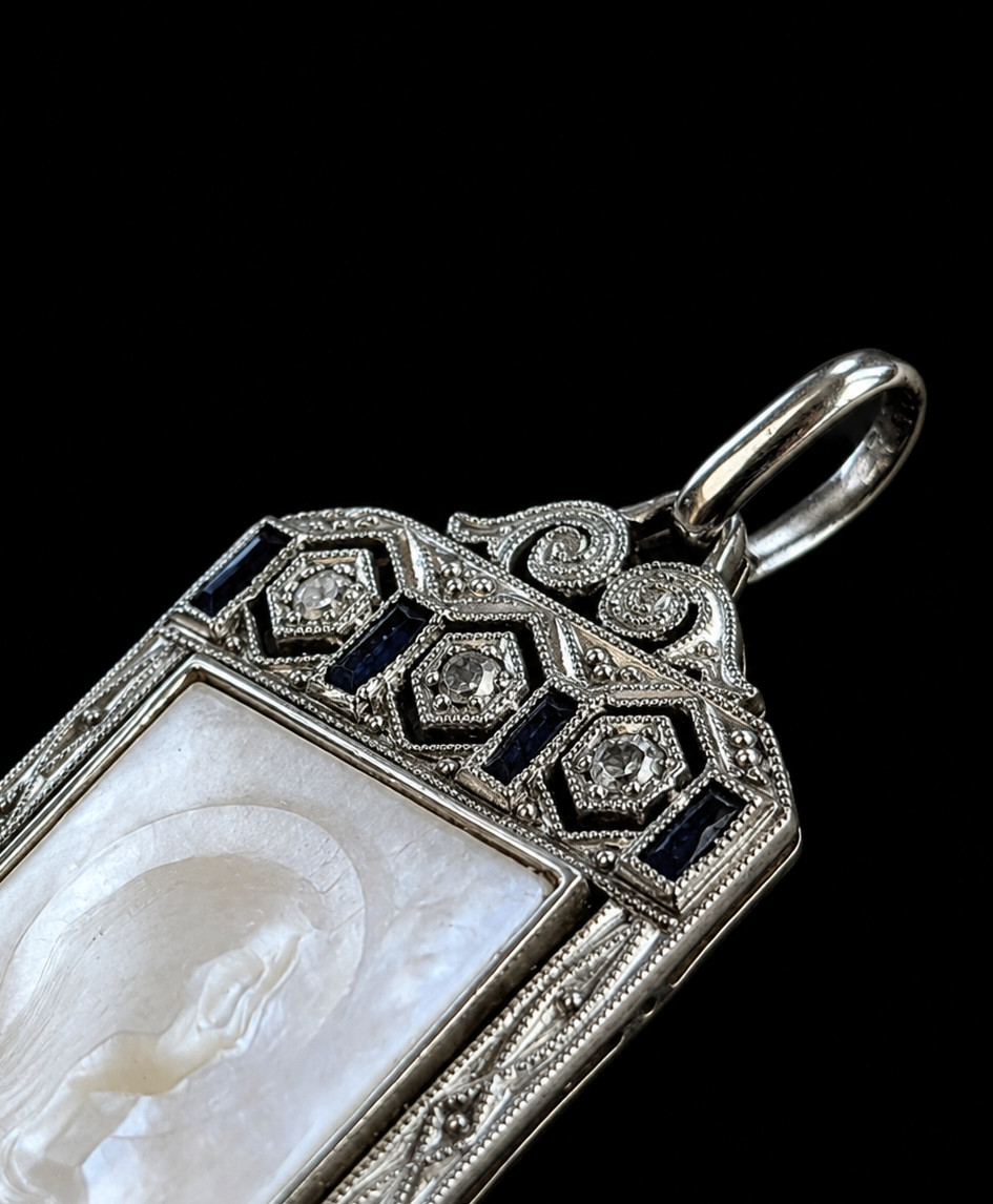 Antique Art Deco 18K Gold Religious Virgin Mary Pendant Diamonds Sapphires