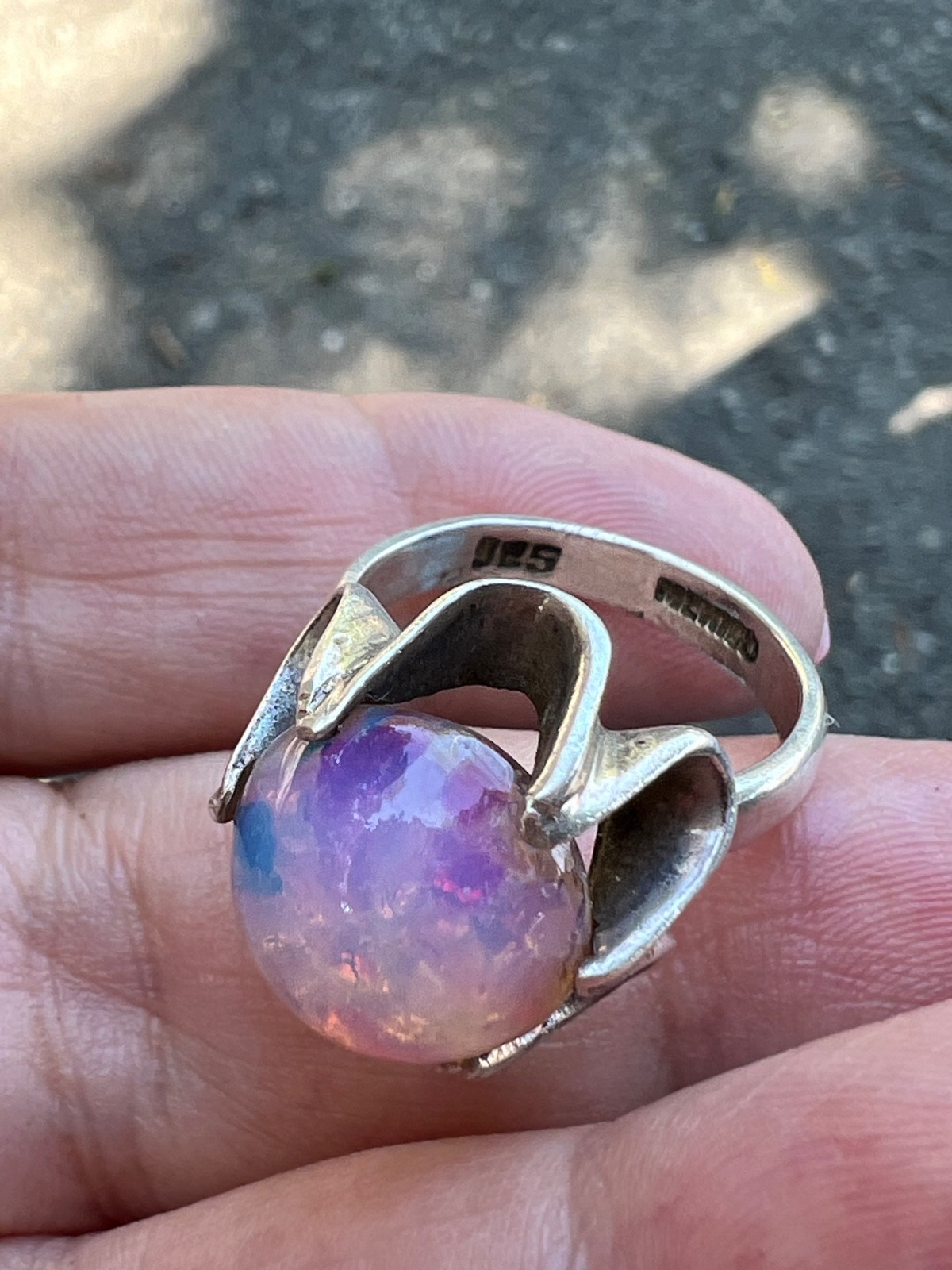 VINTAGE LARGE ROUND CABOCHON FAUX RAINBOW OPAL RING 925 STERLING SLVER MEXICO