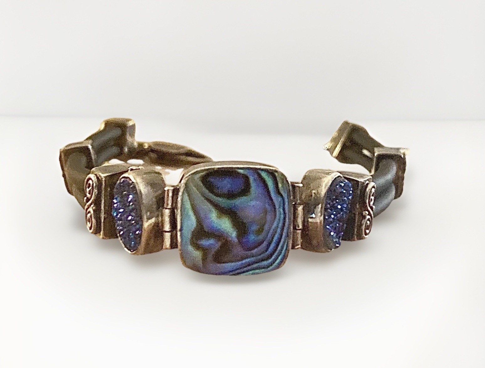 Sajen Sterling Silver 925 Paua Abalone Shell & Blue Drusy Quartz Rubber Bracelet