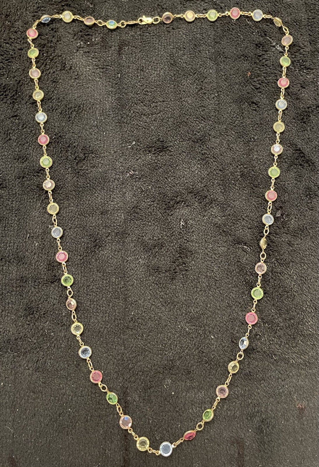 Austrian Crystal USA 36” Necklace, Earrings Open Bezel Multi-Color Gold Tone Vtg