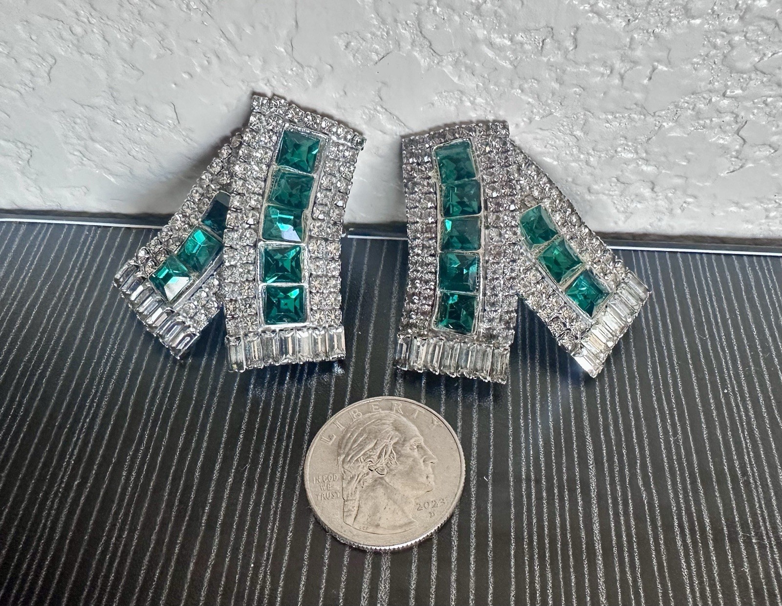 Vintage MMA Clip On Earrings W/ Ribbon-Fold Design + Emerald & Clear Rhinestones