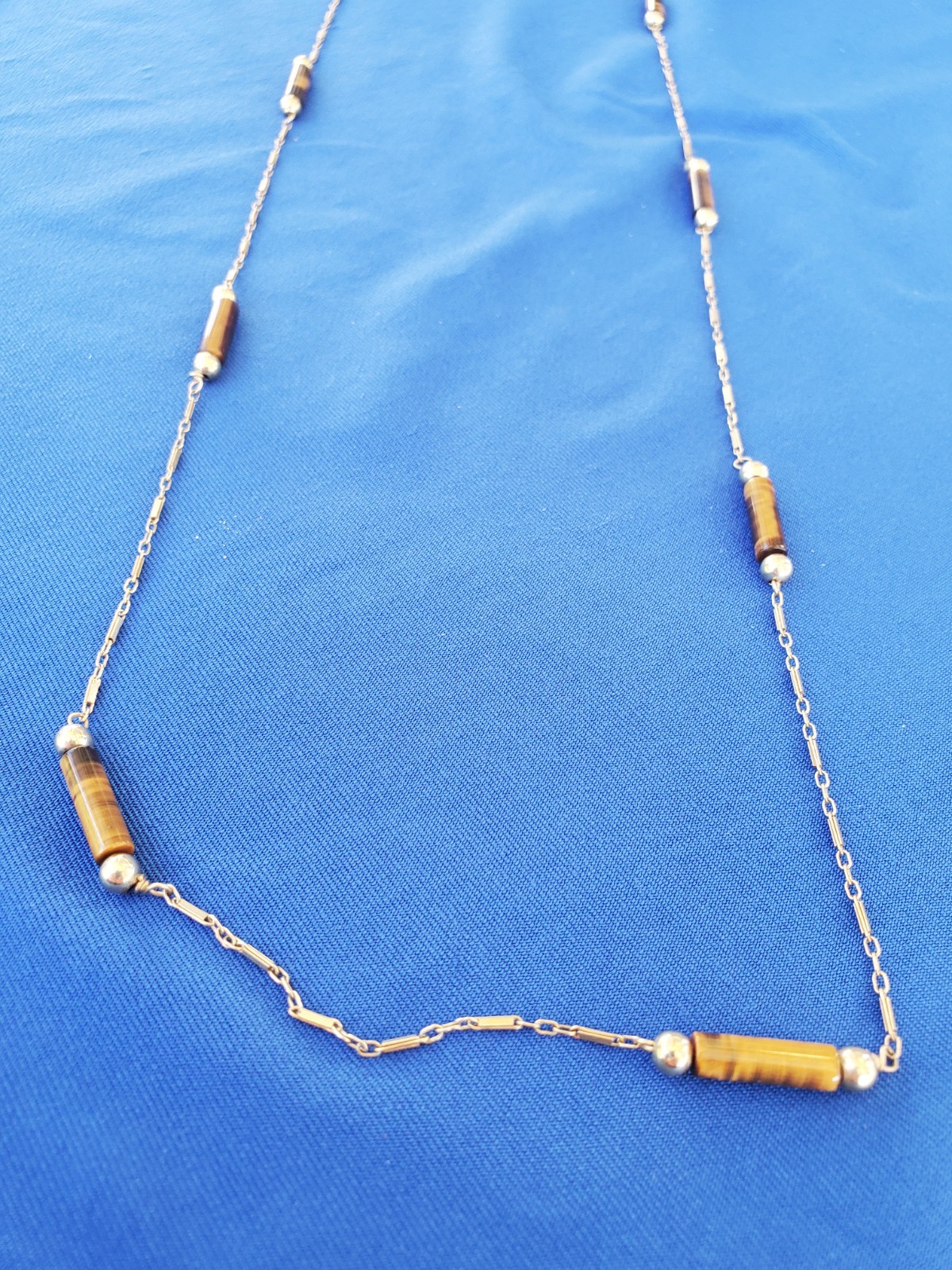 Vintage 14K GOLD Art Deco Tiger eye Statement Necklace Unique Antique Chain 28″
