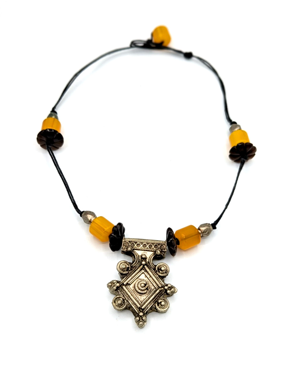 Vintage Coptic Amber Tribal Necklace Yellow Boho Moroccan Berber Amulet Pendant