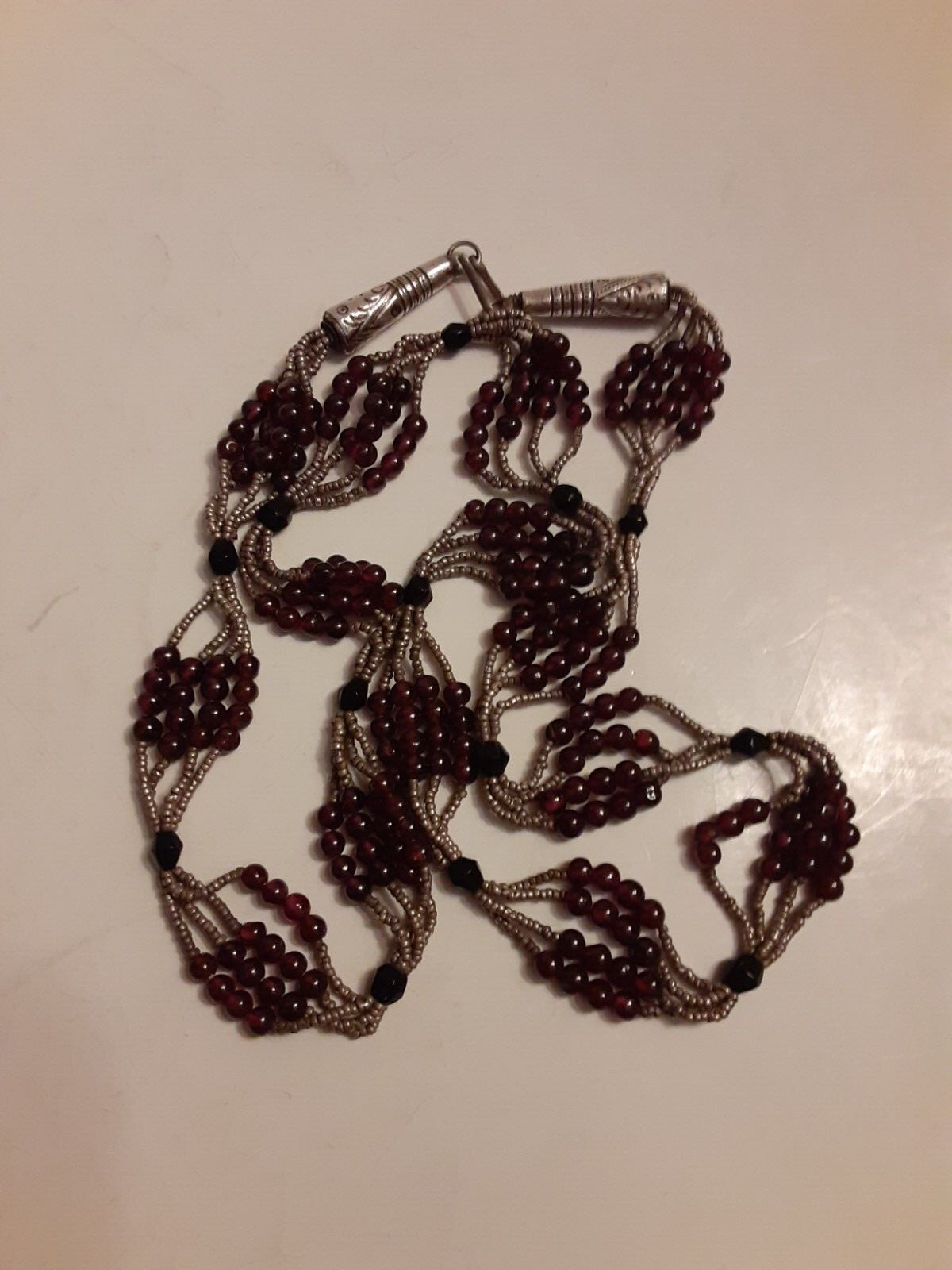 Vtg Artisan GARNET GLASS & Micro beaded Silver Hook Clasp Necklace