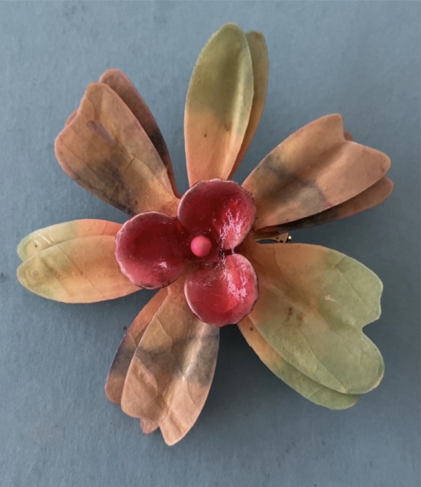 Vintage Large Enamel Flower Pin – lightweight not metal – papier mache? resin?
