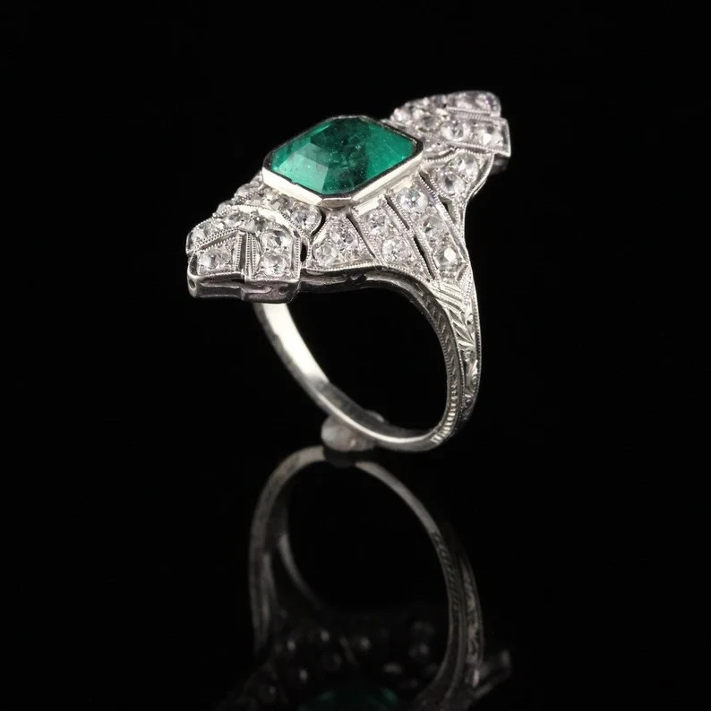 2.50 Ct Lab-Created Emerald And Diamond Art Deco Style Statement Ring 925 Silver