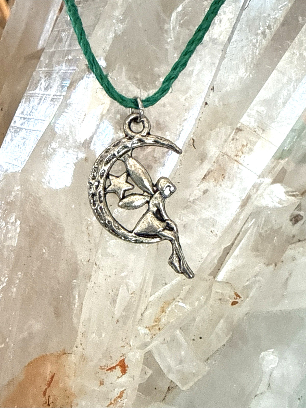 FAIRY CHARM MOON STAR Dainty Necklace Hemp Cord Boho PIXIE Tibetan Silver Tone