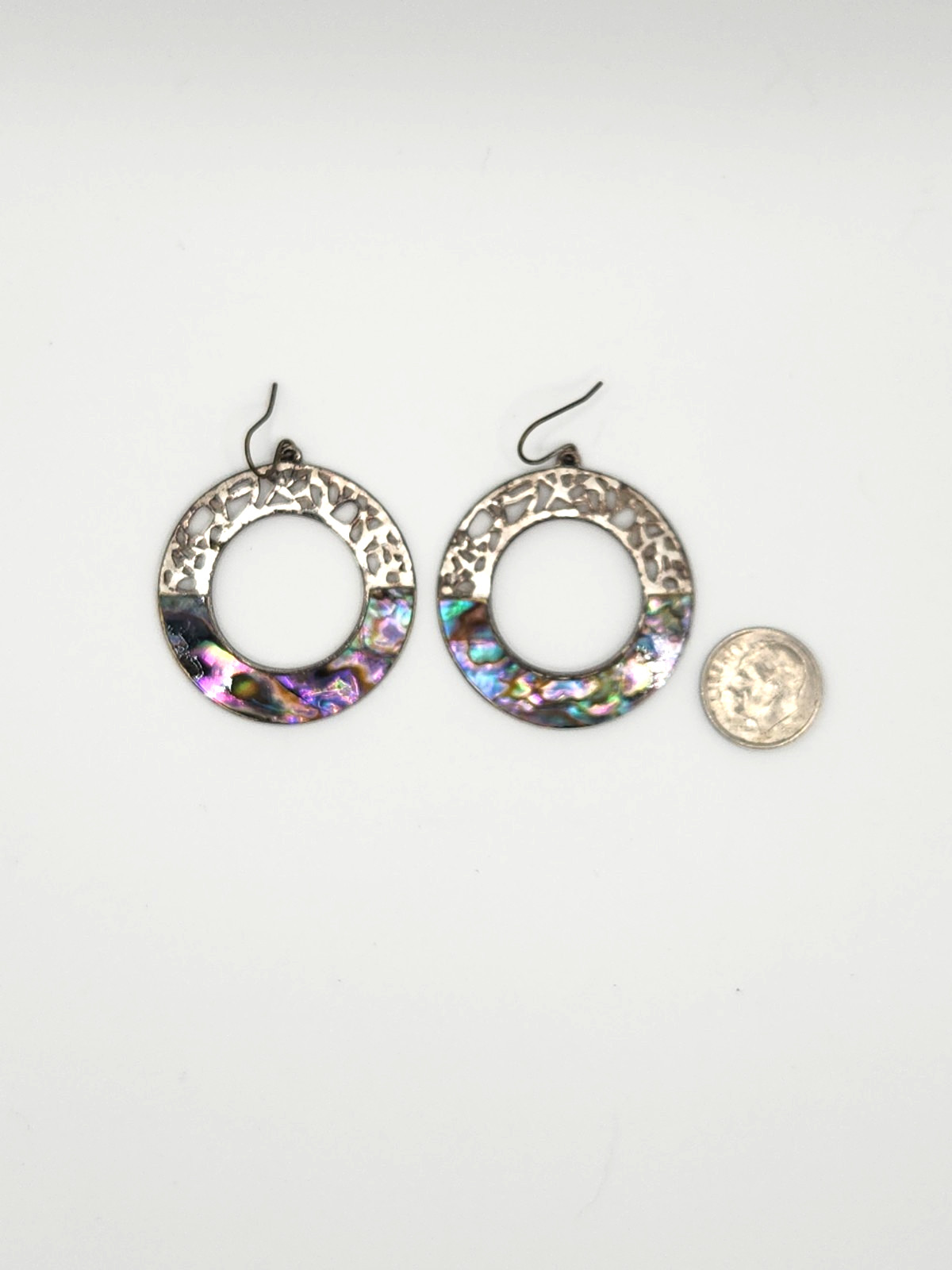 Vintage Abalone Open Circle Silver Earrings Signed KC Hook Mother Of Pearl
